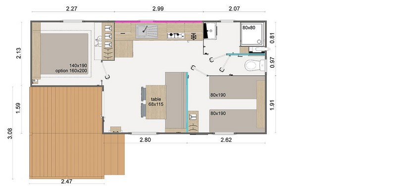 Plan du lodge mobil home pour 4 personnes et un bébé